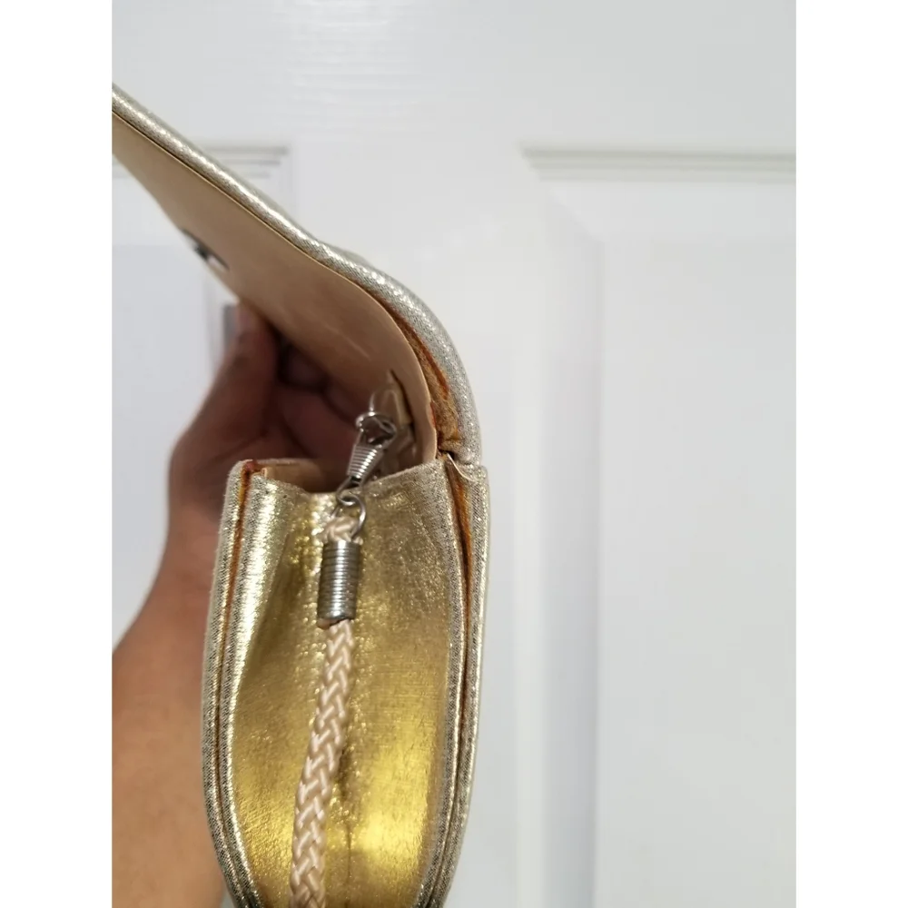 Gold & Rhinestone Fabric Pleated Fold Over Magnet Closure Clutch Removable Strap